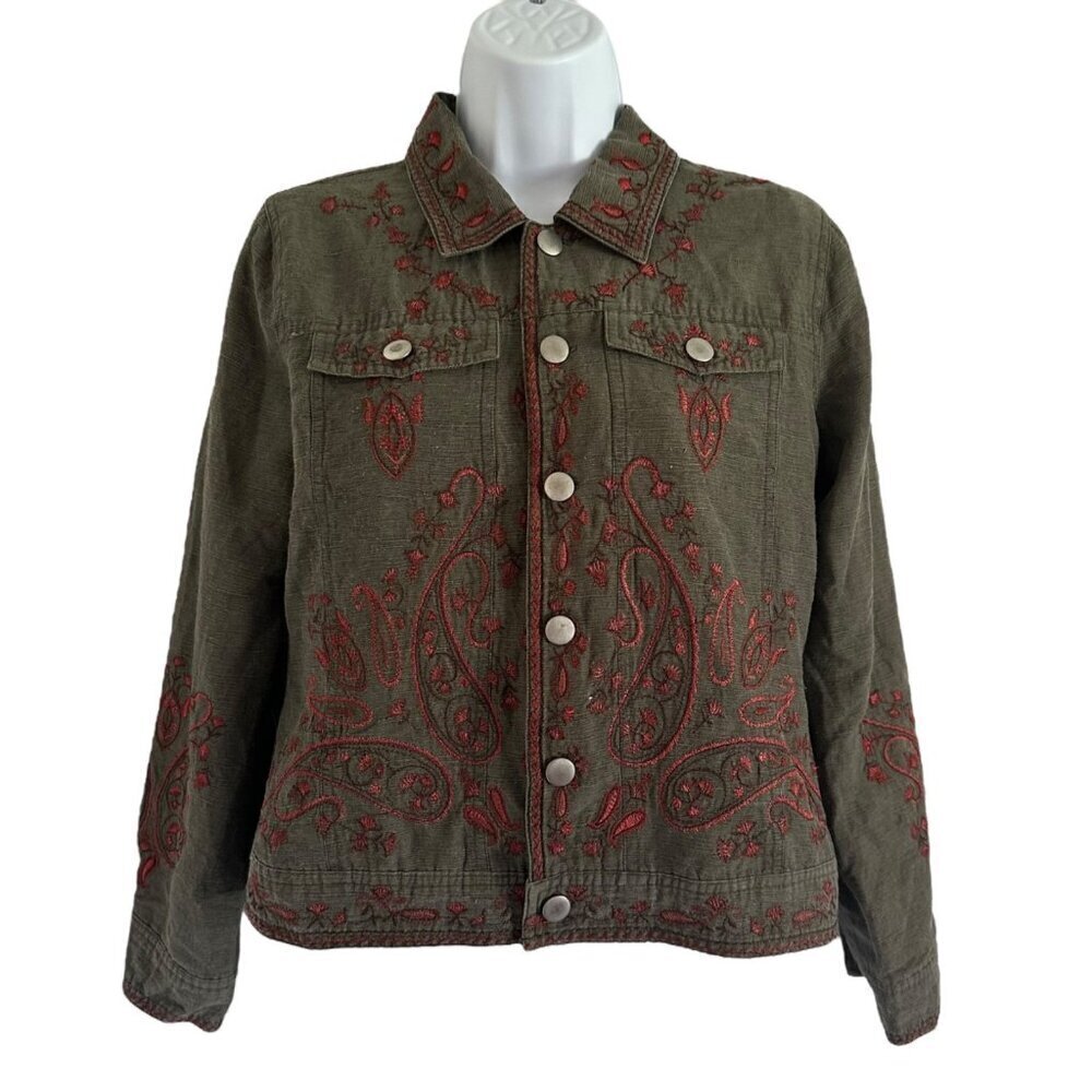 Willi Smith shirt shacket women's size S silk blend lined green, red embroidery